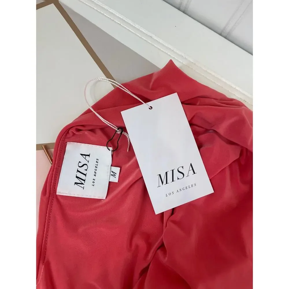 NWT MISA Los Angeles Domino Dress Pink V-Neck Draped Mini Dress Cocktail Size M